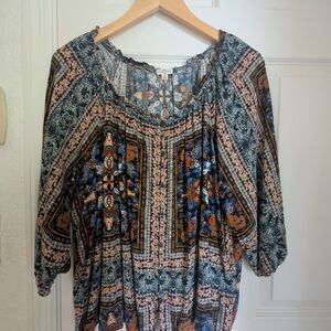 Blue and Green Graphic 3/4 Sleeve Blouse